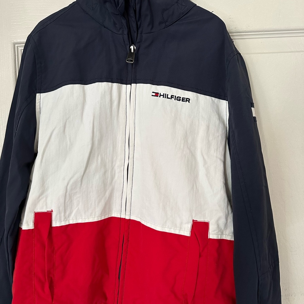 Tommy Hilfiger Red and White Raincoat Lightweight Design